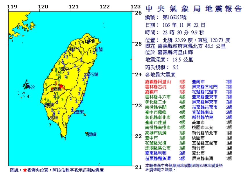 台灣嘉義周三（11月22日）發生地震，台灣多地均有震感。（台灣中央氣象局網站）