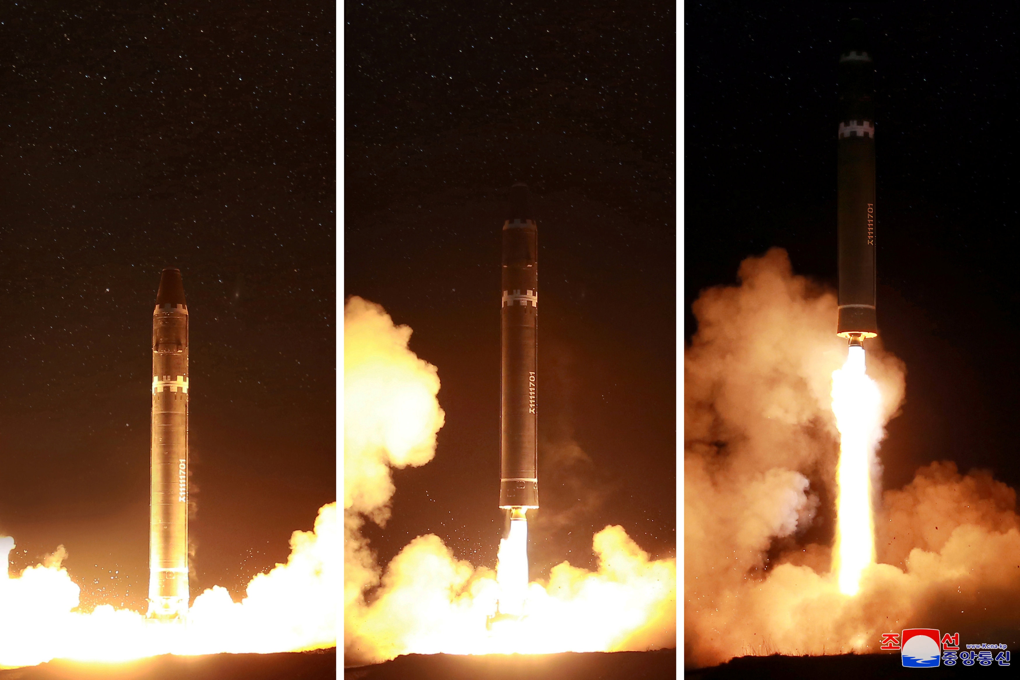 平壤政府指火星15型可打擊美國全境，各方面的性能都較火星14型有大幅提高。圖為朝中社發布導彈發射現場圖片。（路透社）
