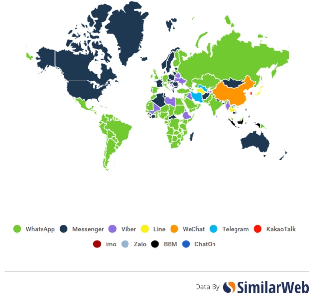 不同地區最流行的通訊軟件分佈（similarweb.com擷圖）
