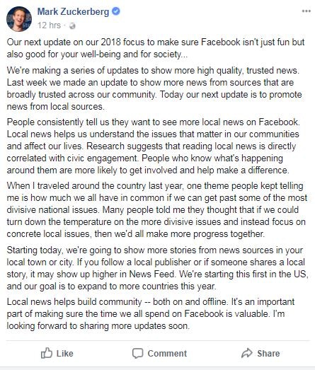 朱克伯格宣布Facebook再改演算法，優先在用戶的動態消息中推地方新聞，鼓勵公民參與地區議題，有助在線上及線下建立社區。（朱克伯格Facebook帳戶截圖）