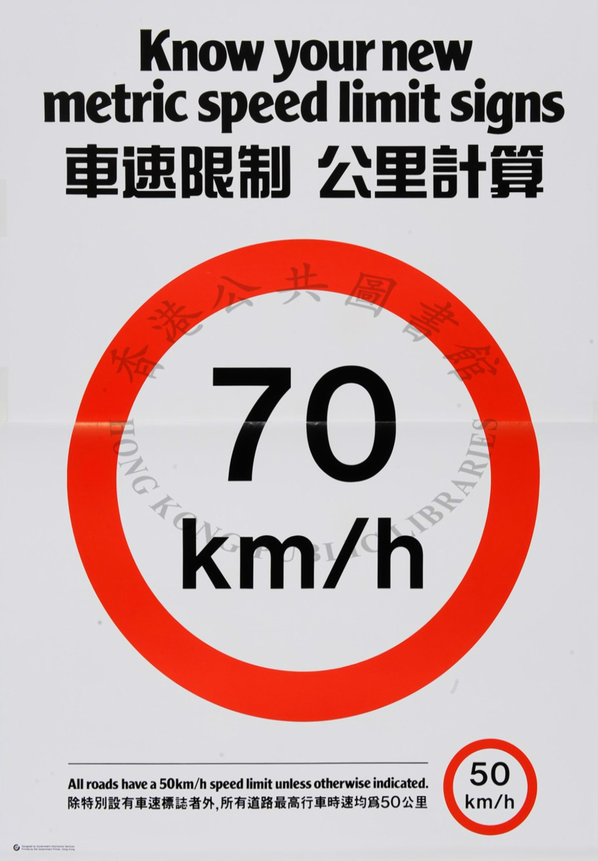 八十年代關於「車速限制改用公里計算」的宣傳海報 。(香港公共圖書館多媒體資訊系統)