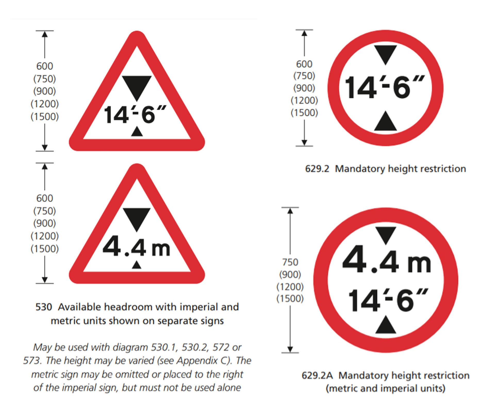 根據英國的「交通標誌手冊」(Traffic Signs Manual),高度限制標誌上單方面使用「公制單位」是違法的,必須同時標示「英制單位」,相反可以單獨使用「英制單位」路牌。 (gov.uk)