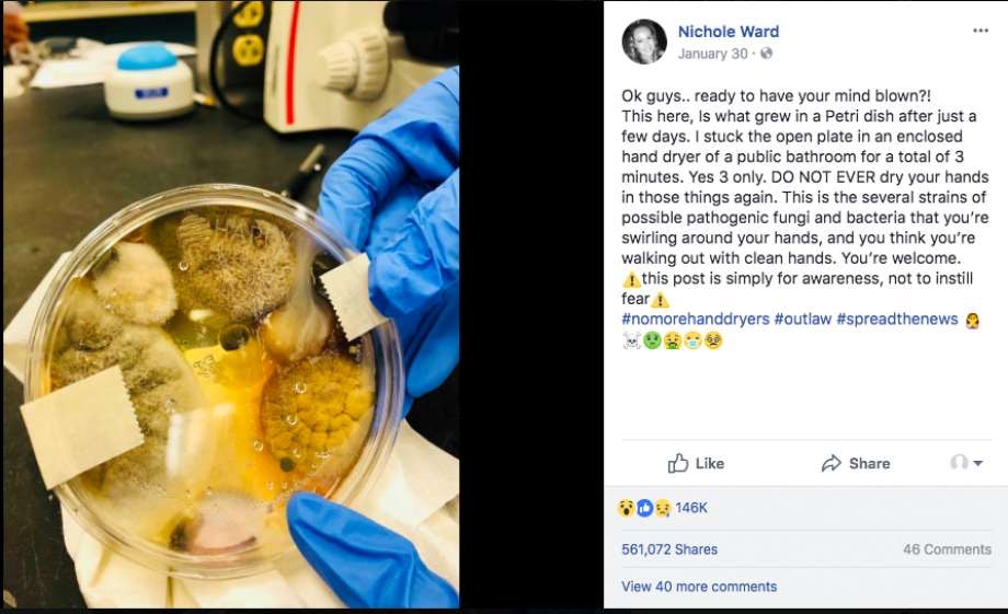 美國大學生沃德1月30日在Facebook發布帖文稱自行就公廁乾手機做實驗，採集到「可能是致病的真菌或細菌」。惟她沒有進一步測試它們是否對人體有害，引起爭議。（沃德Facebook帳戶截圖）