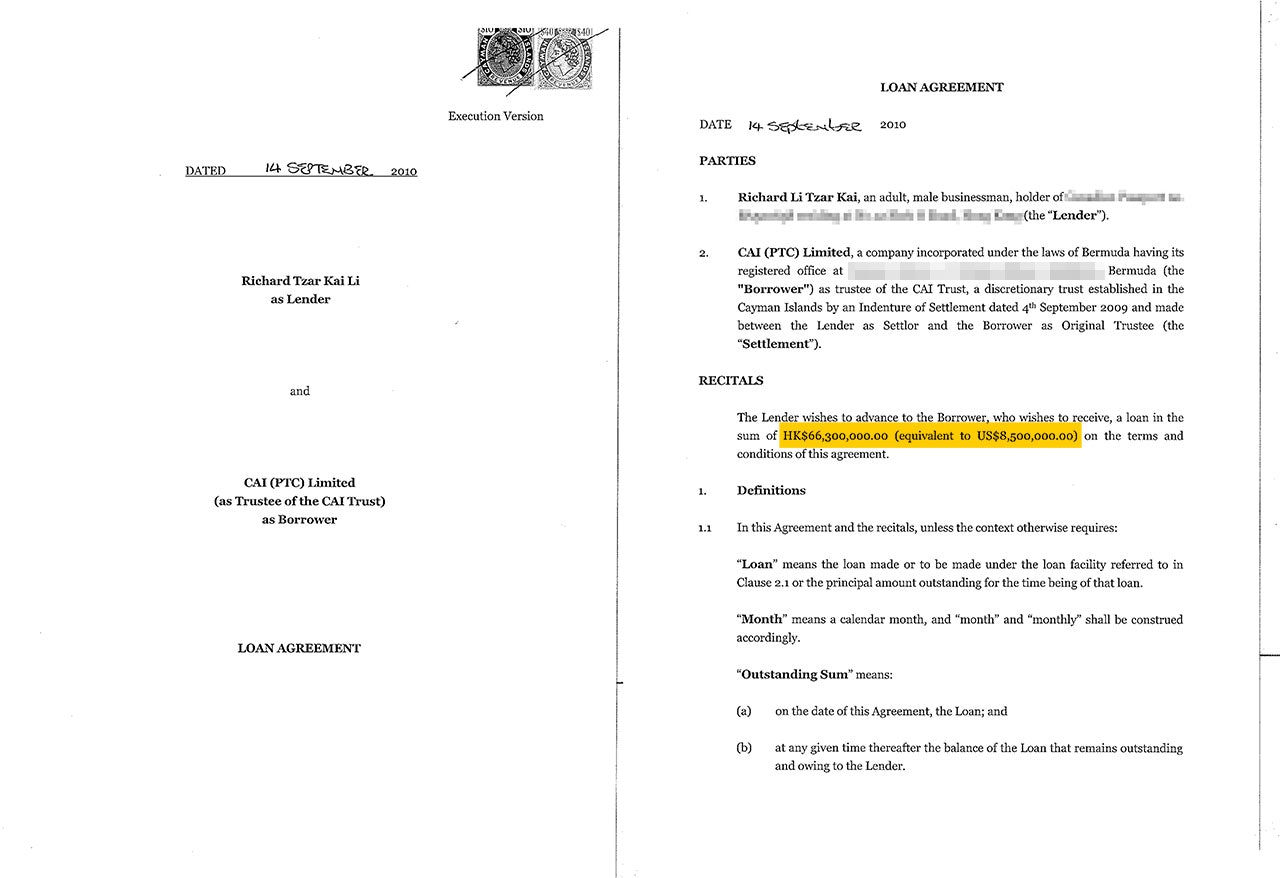 天堂文件顯示,李澤楷向百慕達註冊的公司「CAI (PTC) Limited」借出資金。(天堂文件) 天堂文件顯示,李澤楷向百慕達註冊的公司「CAI (PTC) Limited」借出資金。(天堂文件)