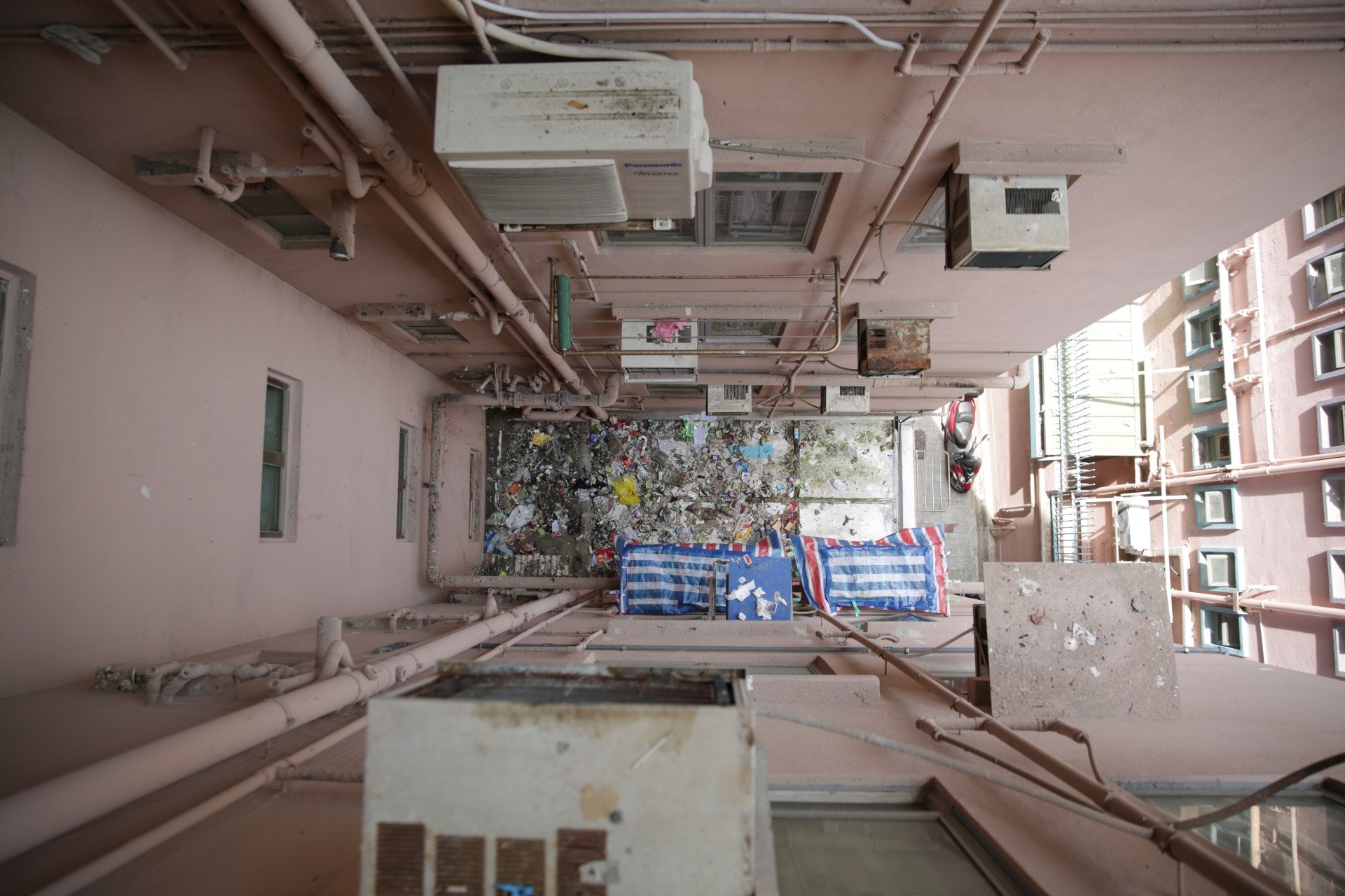 「小白」倒臥平台,該處滿佈垃圾及雜物。(黃偉民攝)