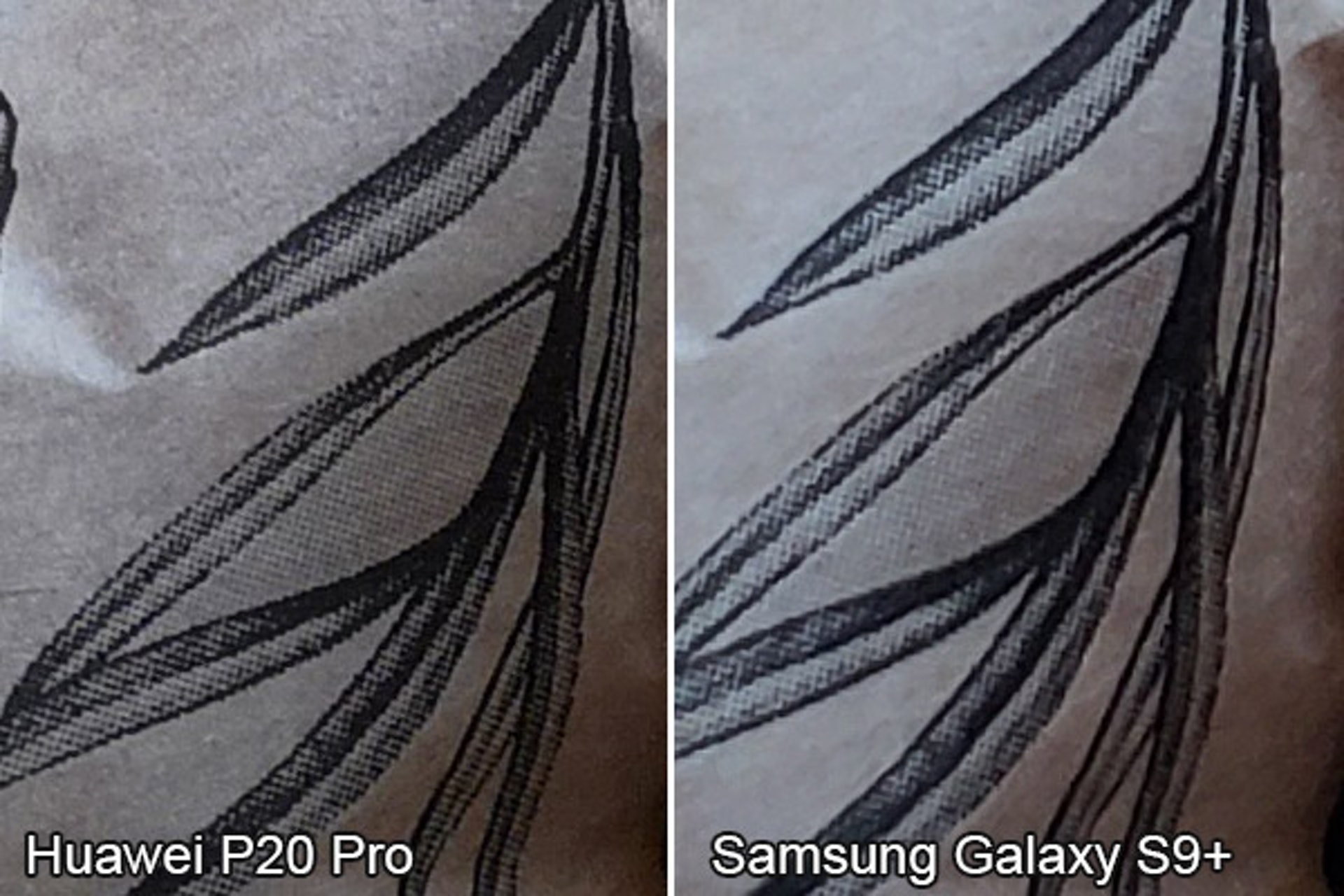 由於 ISO 感光度关是，留意在 P20 Pro 的相片中，包装纸上的印刷纹理较 S9+ 的更为清晰