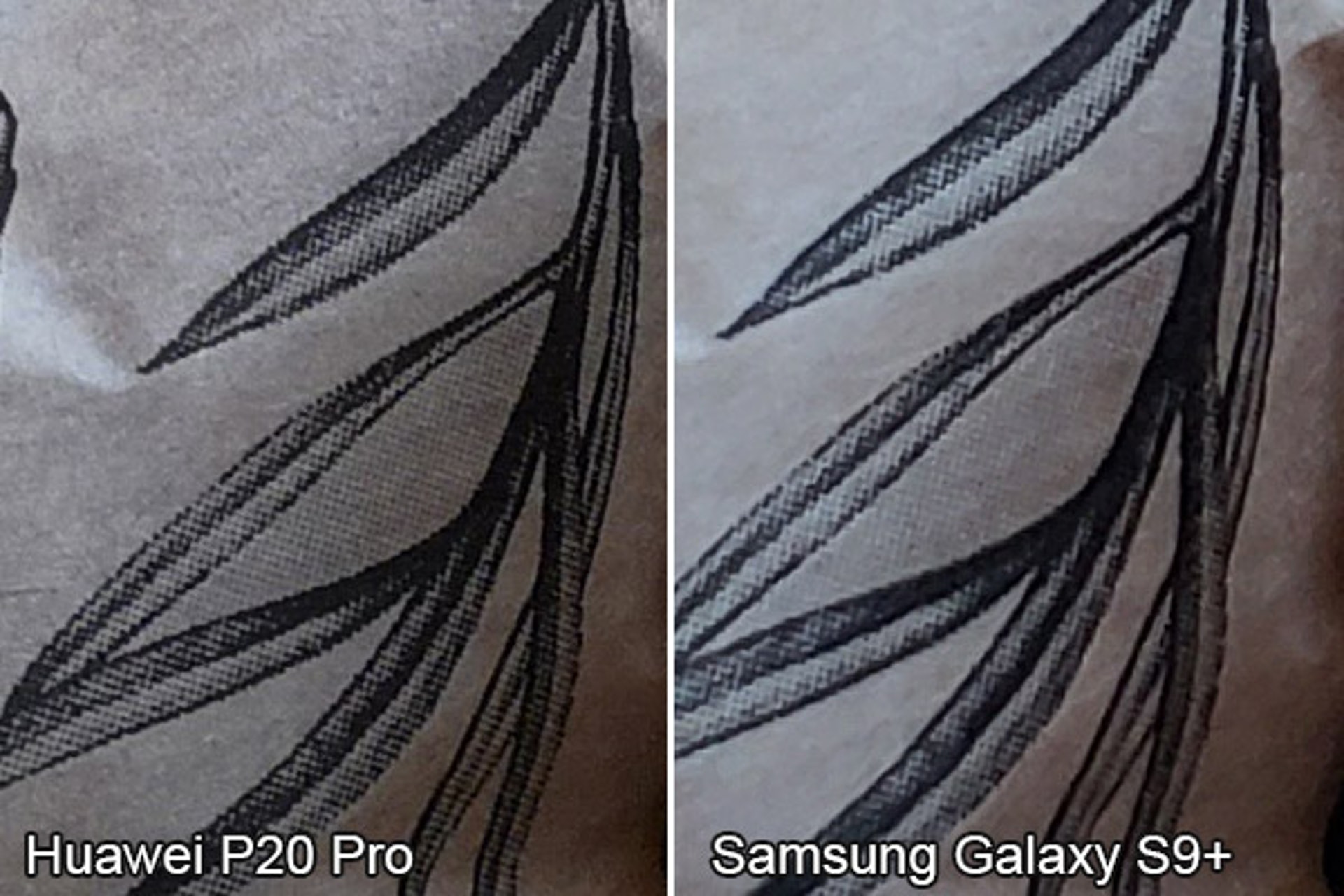 由於 ISO 感光度关是,留意在 P20 Pro 的相片中,包装纸上的印刷纹理较 S9+ 的更为清晰