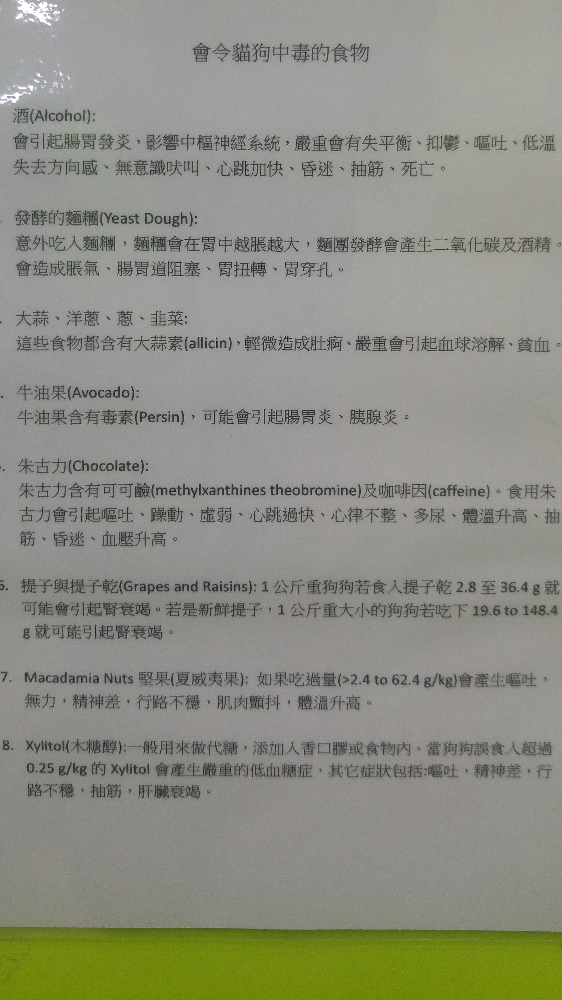 圖為貓狗在進食相關食物後會出現中毒情況。(王譯揚攝)