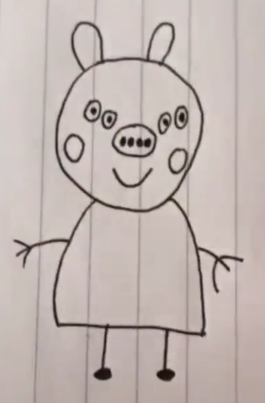 有網民近日貼出圖片，重繪Peppa Pig 正面，可愛的佩佩竟變成有4隻眼及4個鼻孔。（網上圖片）