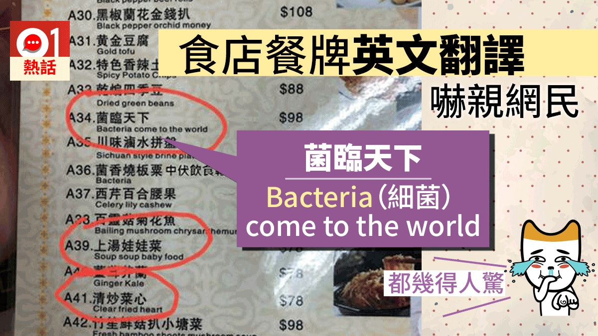 餐牌英文翻譯笑爆網民菌類變 細菌 素食店 由深圳員工製作 香港01 熱爆話題 餐牌英文翻譯笑爆網民菌類變 細菌 素食店 由深圳員工製作 香港01 熱爆話題