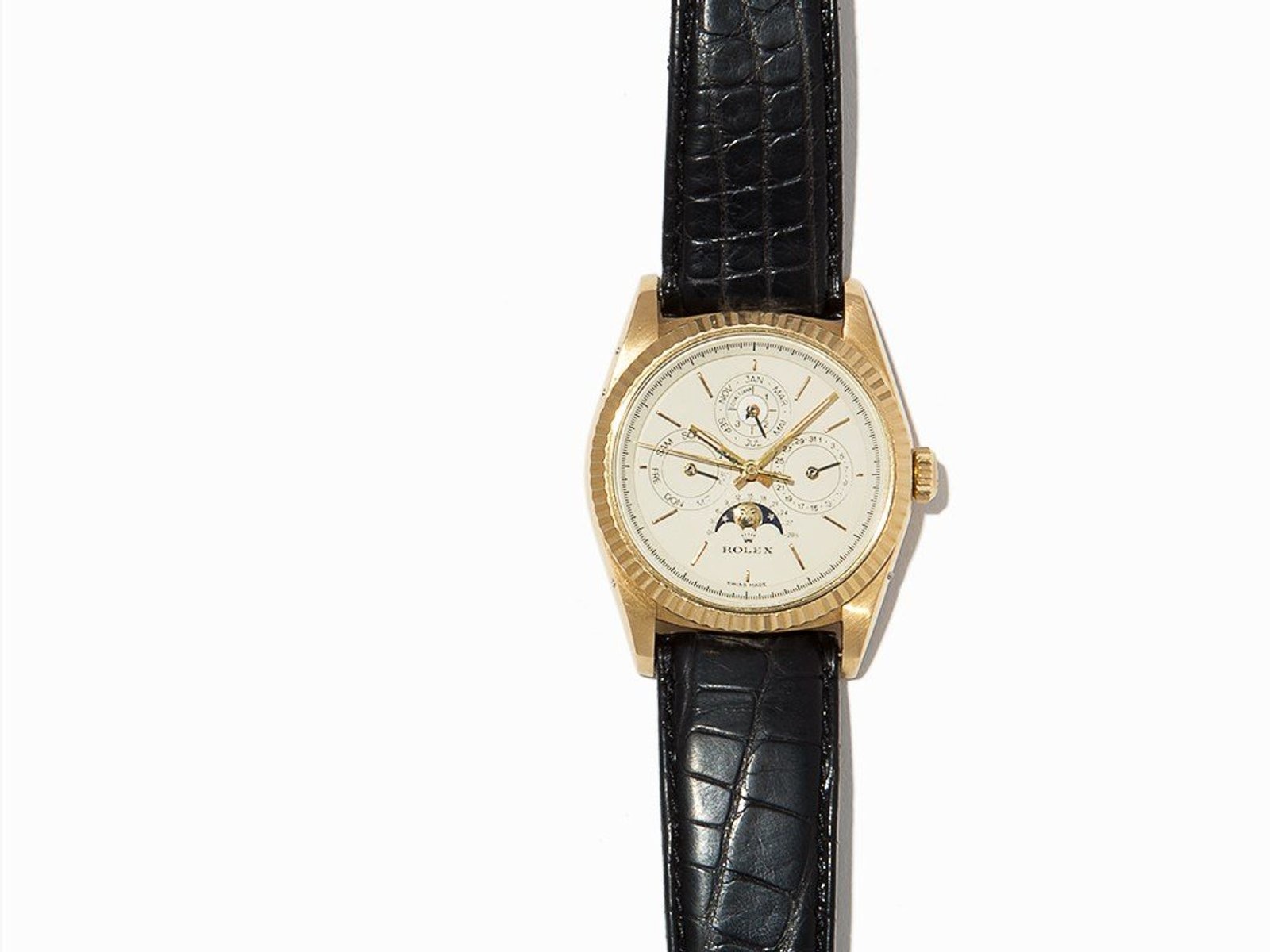 由複雜機芯大師Franck Muller親手改裝的Rolex Datejust Perpetual Calendar，擁有原廠也沒有的精密功能。（liveauctioneers.com）