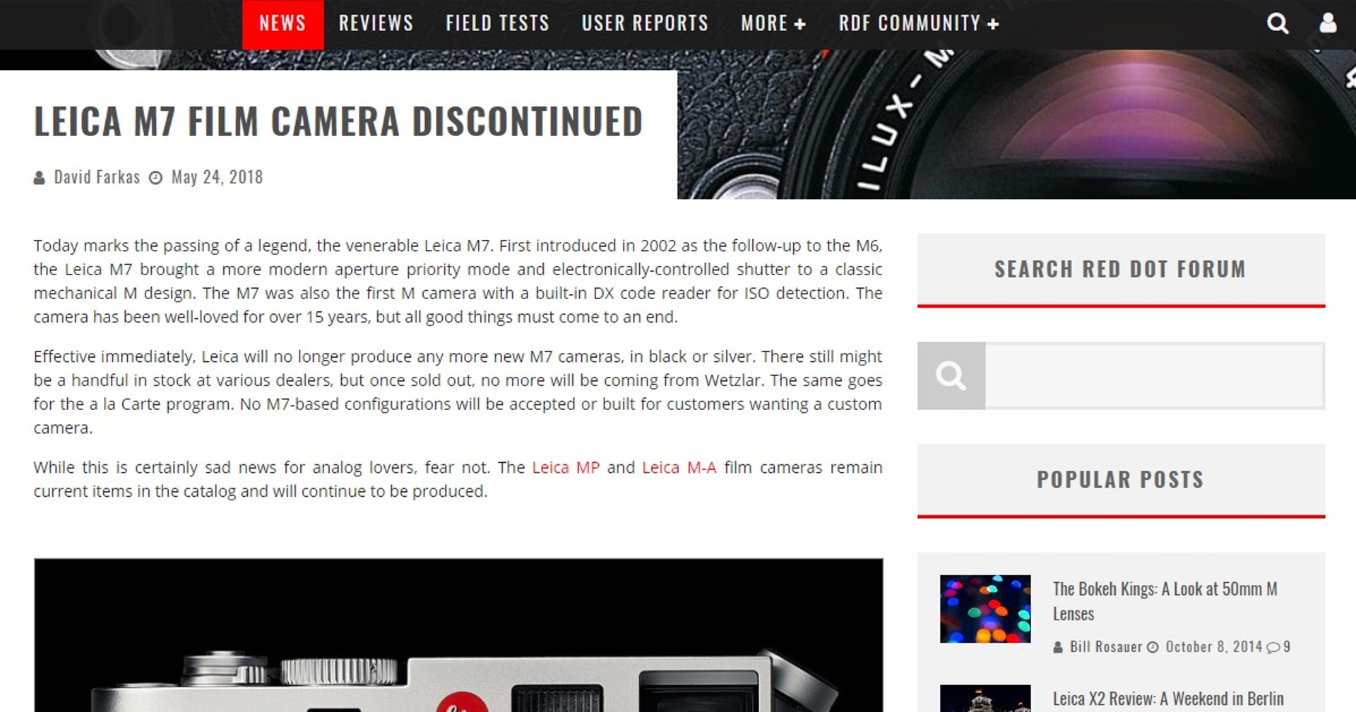 Leica相機權威網站Red Dot Forum日前刊出消息,指Leica M7將會停產。(網頁截圖) Leica相機權威網站Red Dot Forum日前刊出消息,指Leica M7將會停產。(網頁截圖)
