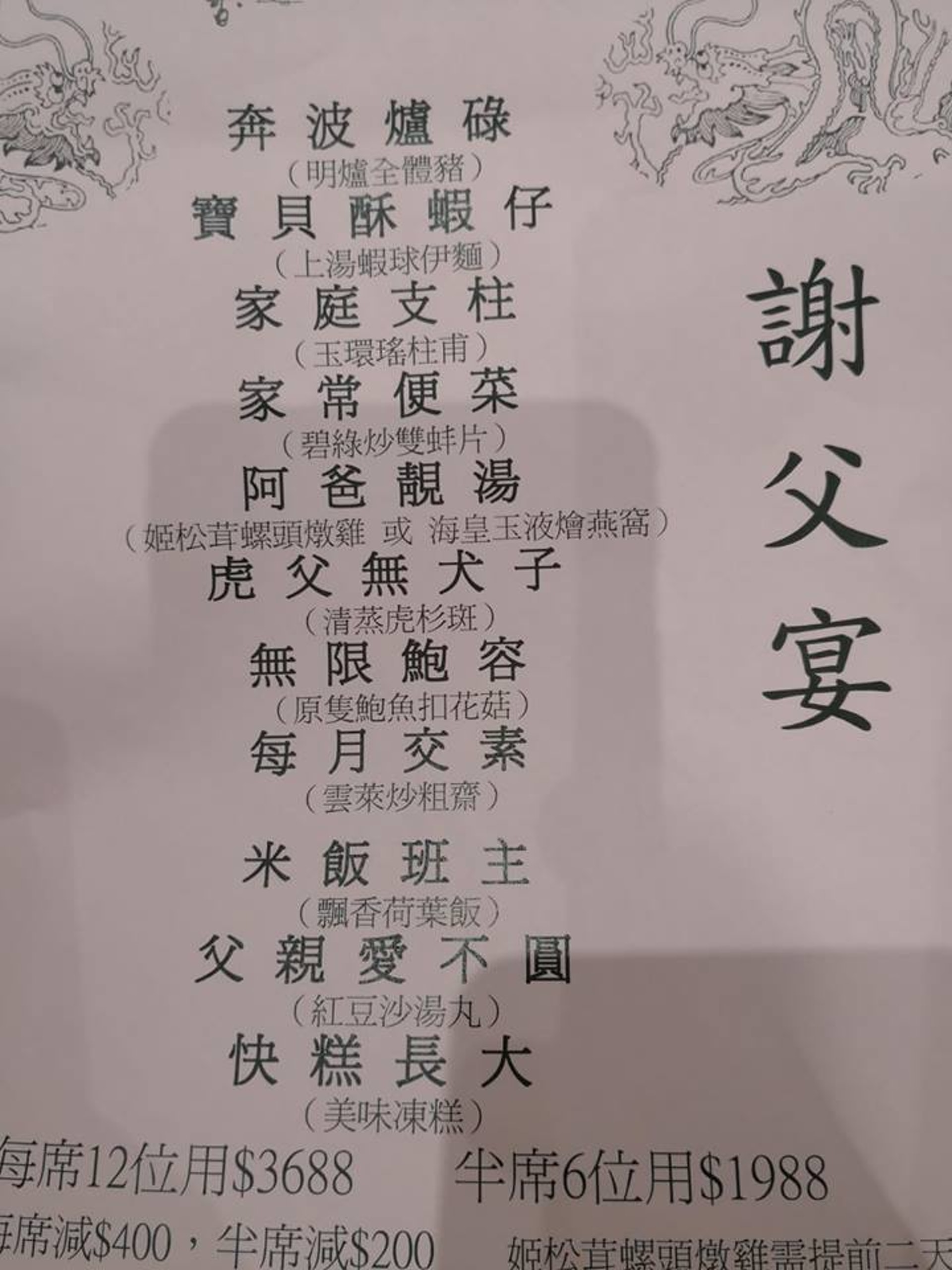 網上流傳一張父親節的「謝父宴」餐單,上面的菜色名使不少網民都十分感動。(facebook專頁「Papabar 爸爸吧」授權轉載)