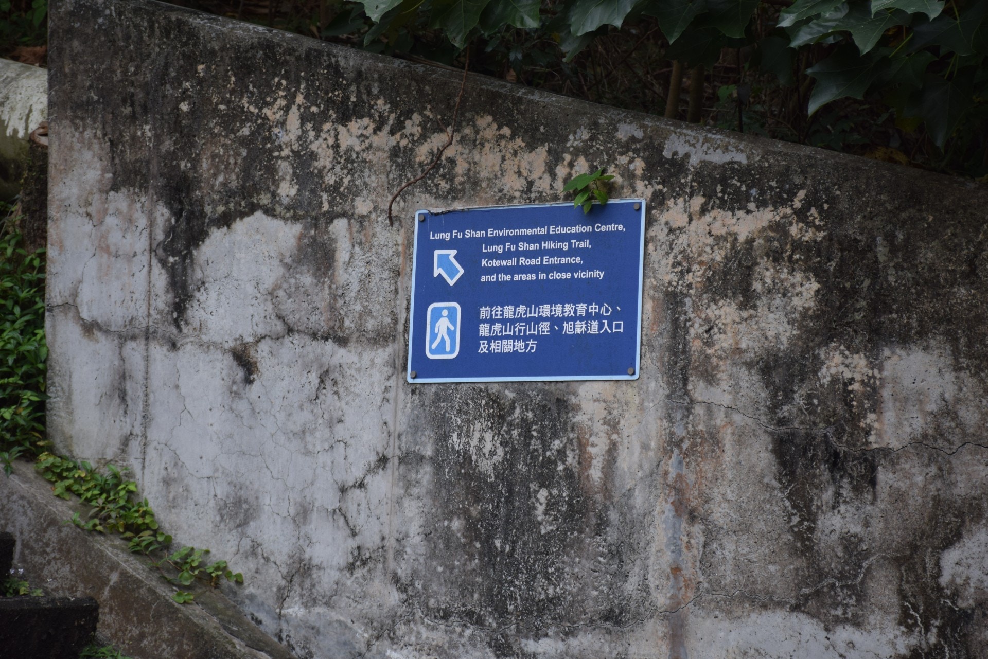 在港大的校園，會見到告示牌指示行山人士到龍虎山。（顏銘輝攝）