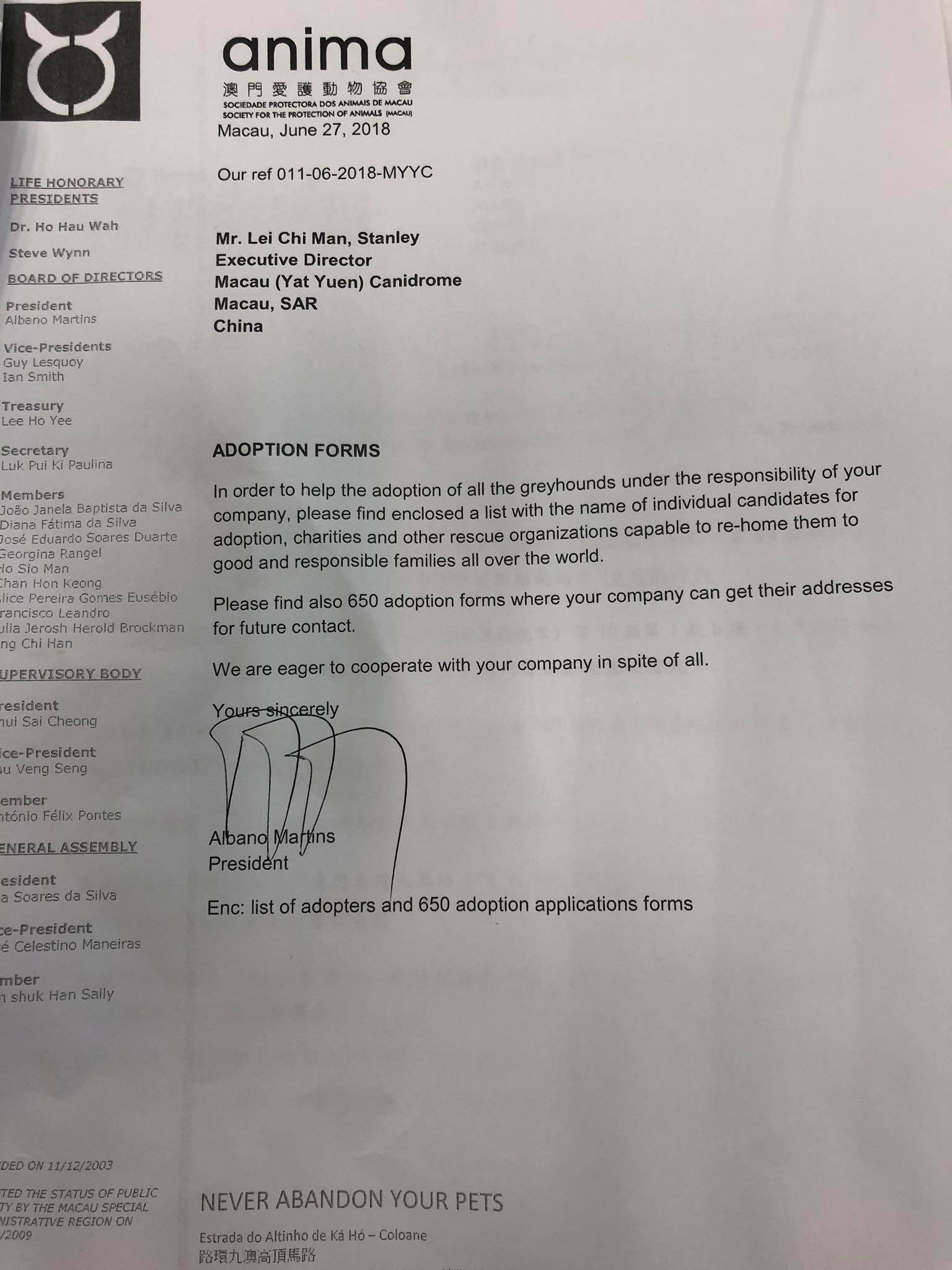 協會今日上載的文件中說,在 3年內收集 650份來自不同國家地區,包括法國、意大利、英國等私人名義領養申請表。(澳門愛護動物協會anima相片) 協會今日上載的文件中說,在 3年內收集 650份來自不同國家地區,包括法國、意大利、英國等私人名義領養申請表。(澳門愛護動物協會anima相片)