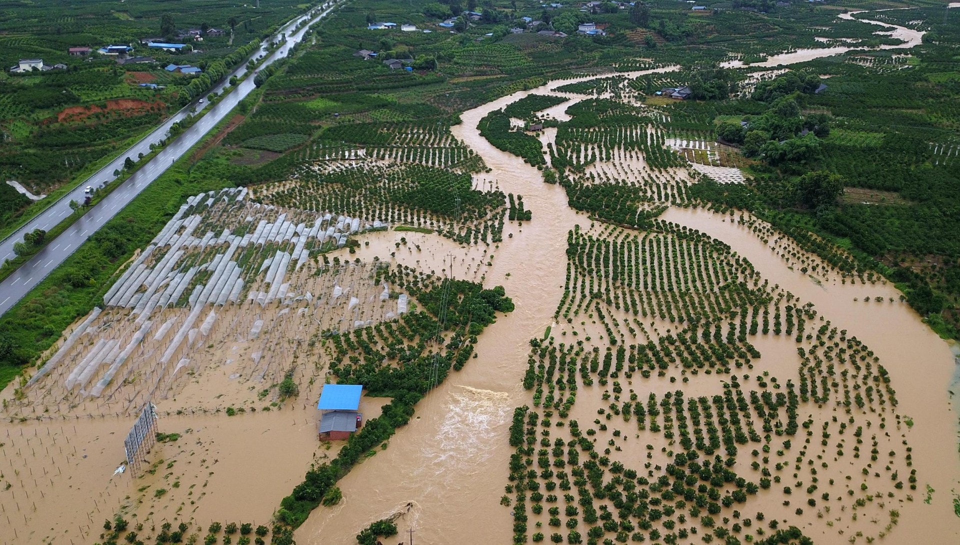 成都浦江縣,大量田地被淹沒。(視覺中國) 成都浦江縣,大量田地被淹沒。(視覺中國)