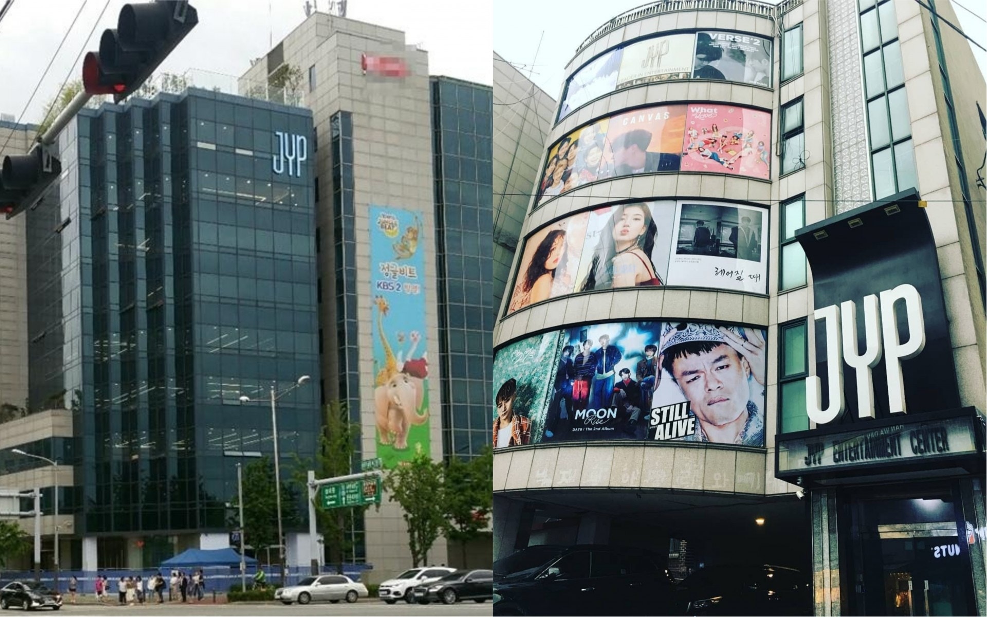 JYP娛樂最近將辦公室搬到位於首爾江東區城內洞的大樓（左），而清潭洞大樓（右）就正式成為歷史！（網絡圖片）