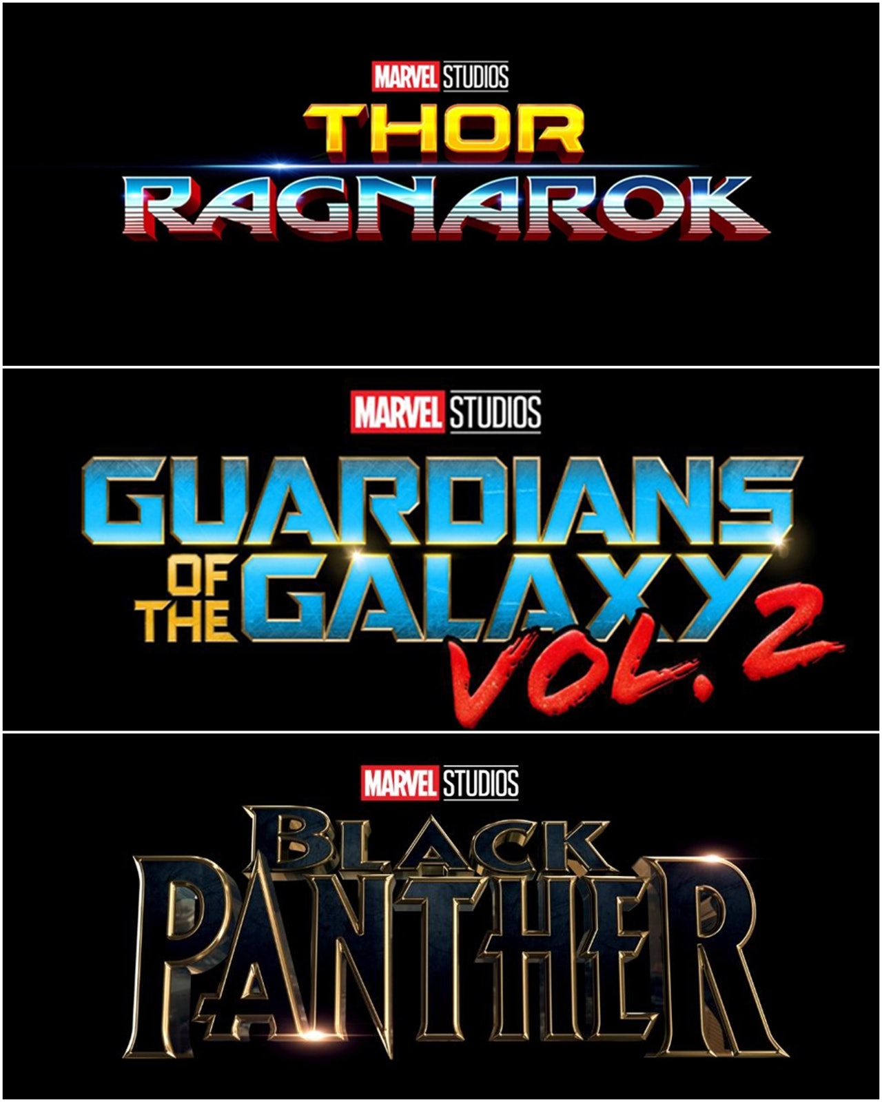 Marvel即將上映的多套新作包括《雷神奇俠3》(上)、《銀河守護隊2》(中)和《黑豹》公布了全新戲名設計,但內容就未有太多細節公開。 Marvel即將上映的多套新作包括《雷神奇俠3》(上)、《銀河守護隊2》(中)和《黑豹》公布了全新戲名設計,但內容就未有太多細節公開。