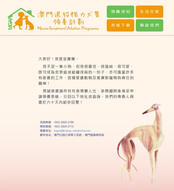 有心領養的人士,可電郵到狗會作出申請。(澳門逸園賽狗會) 有心領養的人士,可電郵到狗會作出申請。(澳門逸園賽狗會)