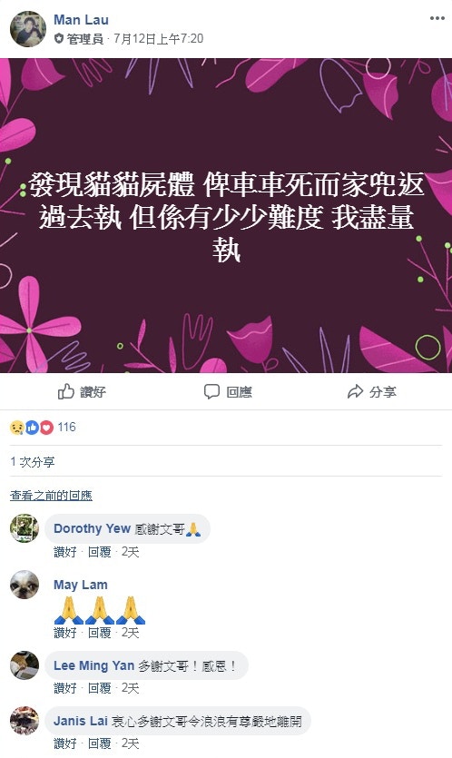 文哥是有心人,特意開車回去收拾貓屍,以免再被車輛輾過。(毛孩關愛組) 文哥是有心人,特意開車回去收拾貓屍,以免再被車輛輾過。(毛孩關愛組)