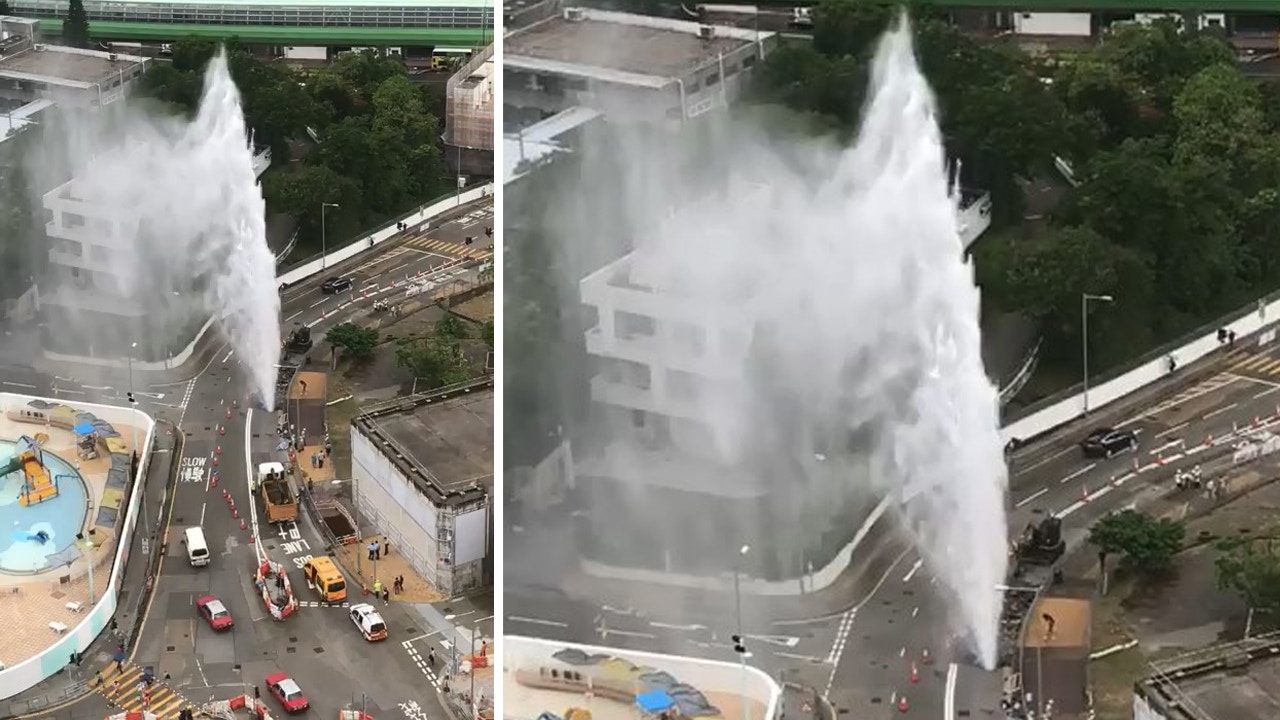 【城市噴泉】南朗山道爆水管水柱10米高　網民：局部地區性暴雨