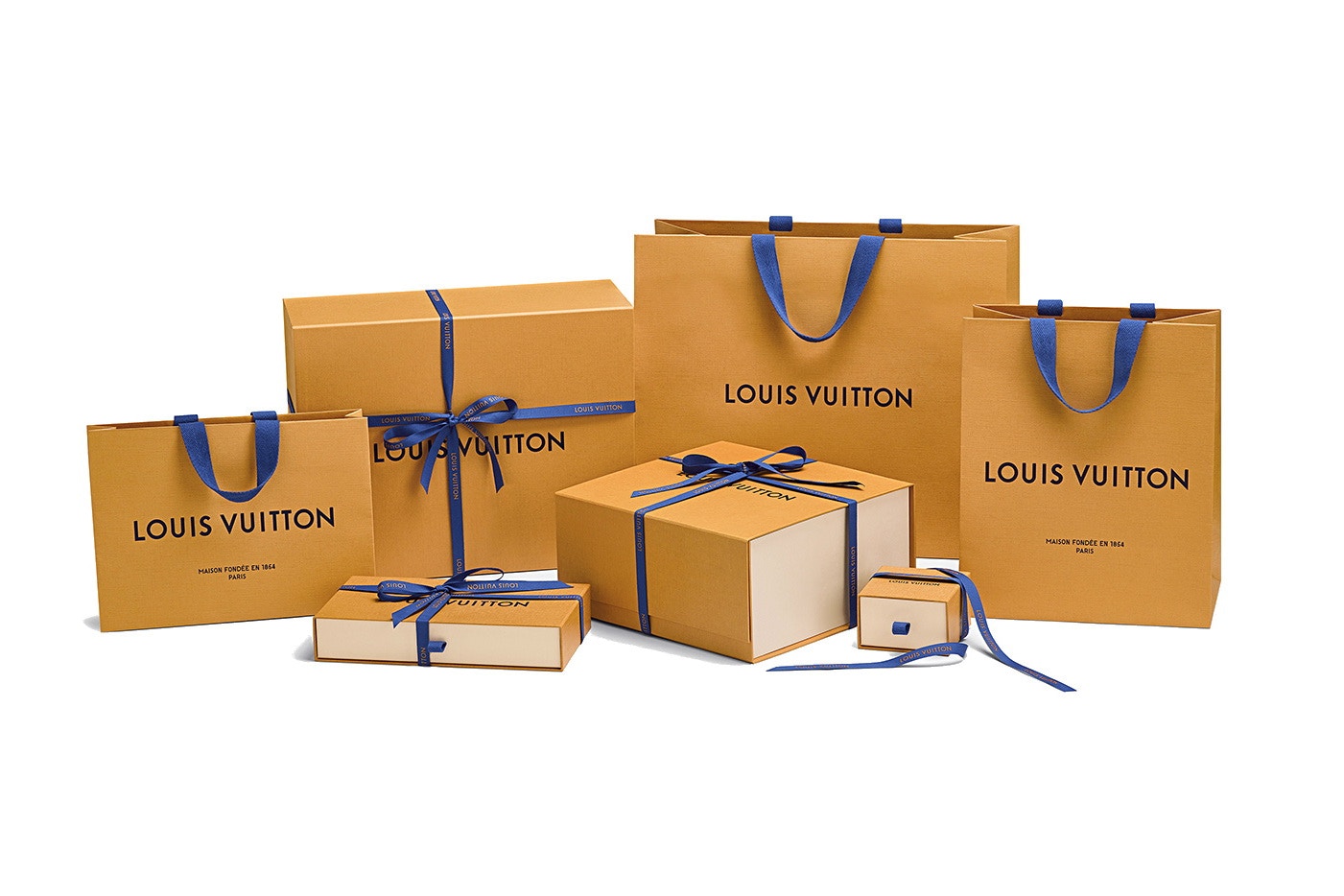 Louis Vuitton換新包裝皇家藍布帶配清新橙黃色紙