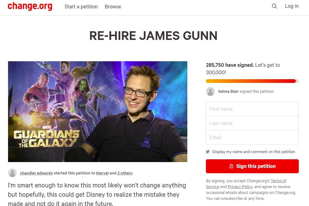 網民發起呼籲迪士尼重新起用James Gunn的連署，至今已累積超過28萬人參與。（網頁截圖）