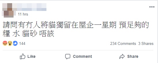 有貓主於Facebook發帖詢問能否將貓貓獨自留在家中一個星期。（Facebook圖片）