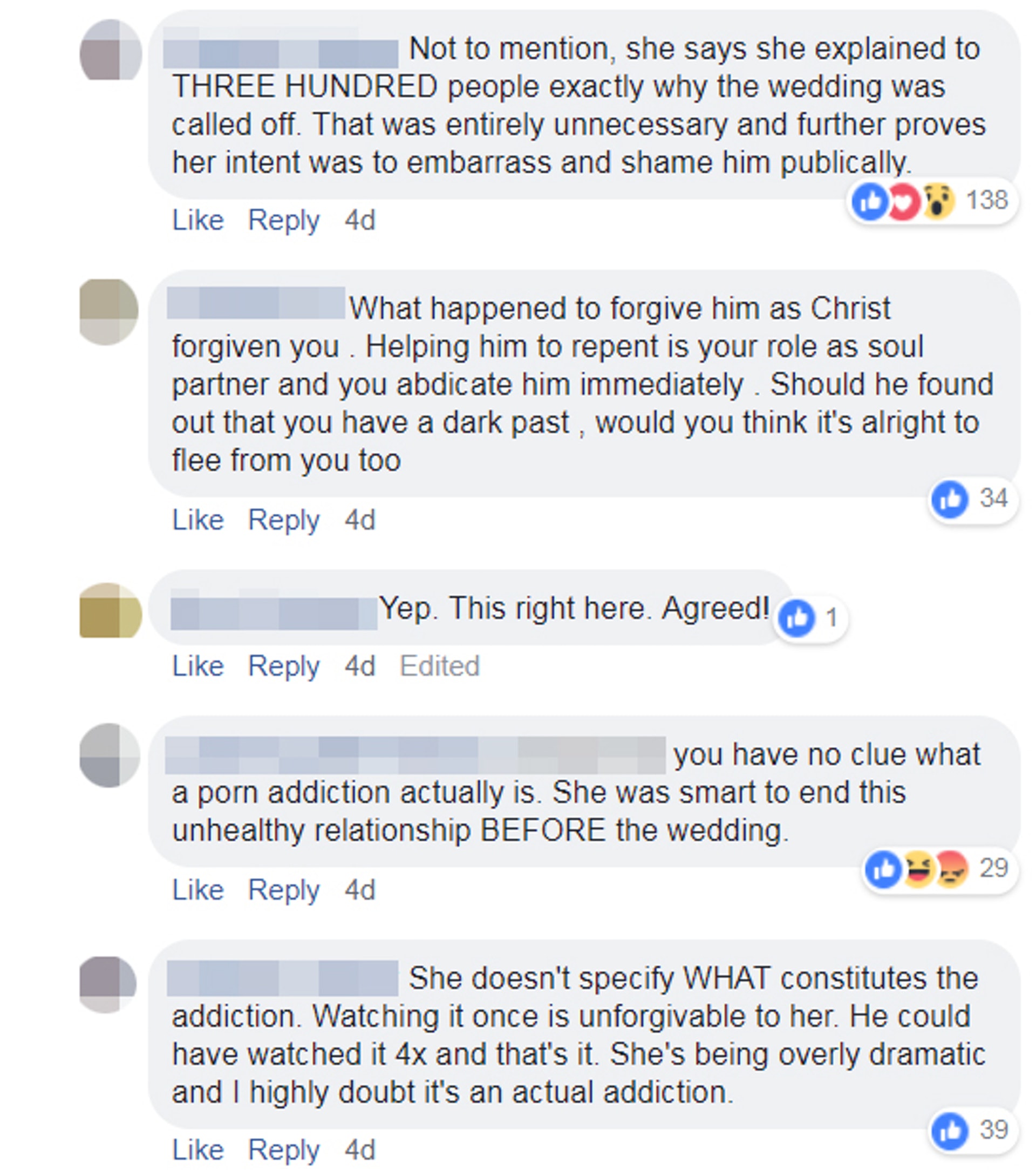 有網民指克萊爾目的是「公開羞辱前未婚夫」，不過，都有網民力撐克萊爾，指其他人不明白色情影片成癮的問題，她在結婚前結束這段不健康的關係，是一個聰明的選擇。（fb專頁「Love What Matters」截圖）