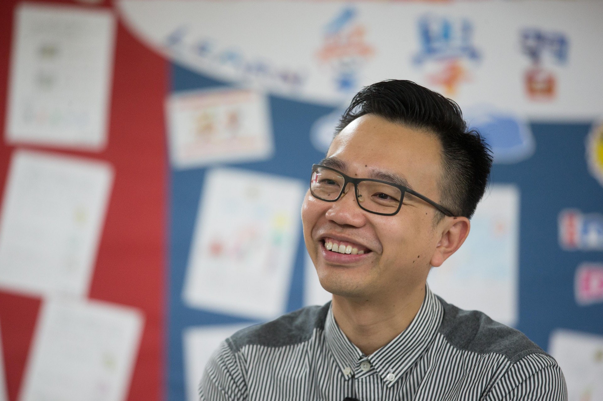 浸信會天虹小學校長朱子穎,任期將於8月31日正式完結,他期望跳出框框,轉換跑道,為其他學生服務。(梁鵬威攝) 浸信會天虹小學校長朱子穎,任期將於8月31日正式完結,他期望跳出框框,轉換跑道,為其他學生服務。(梁鵬威攝)