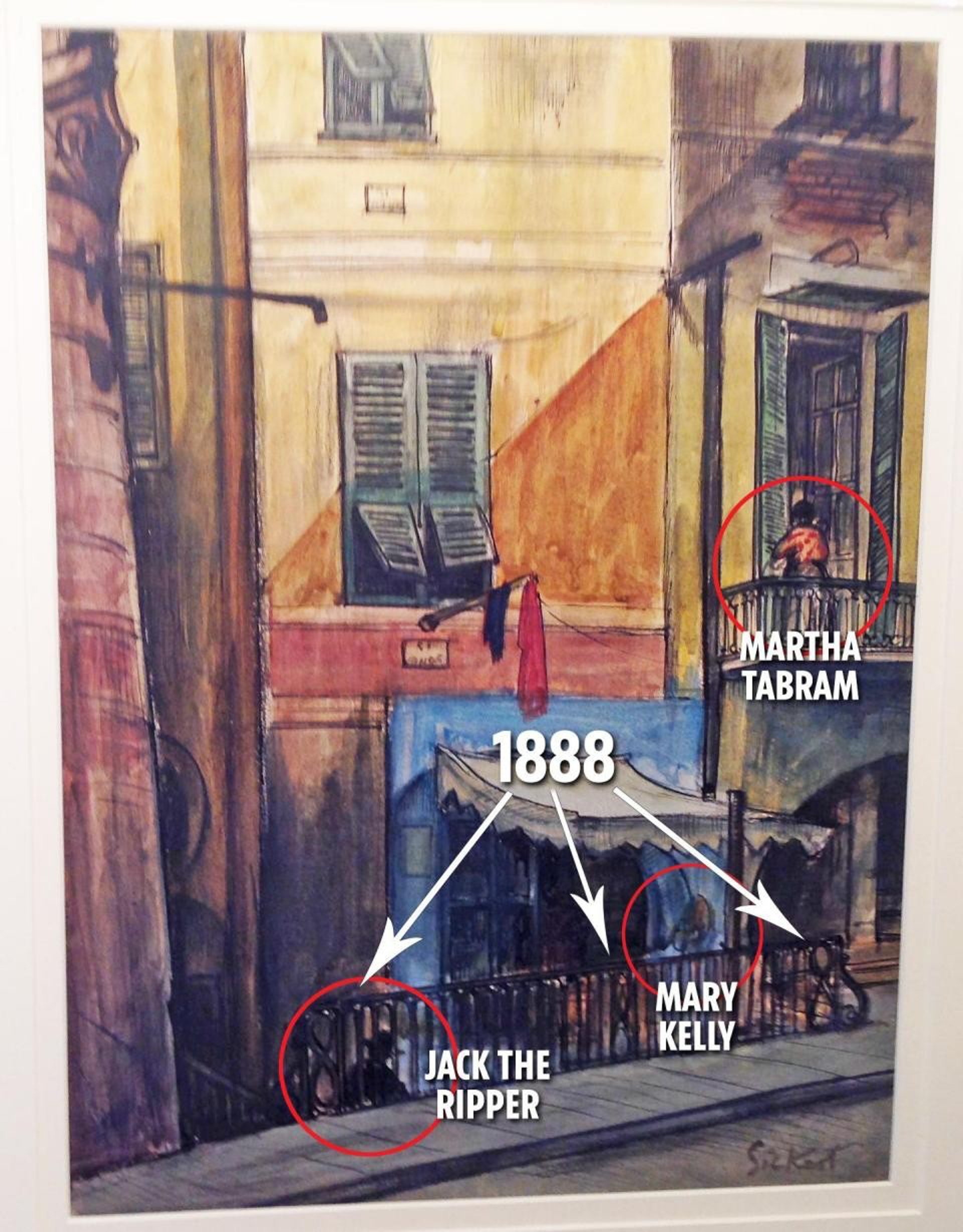 畫中有齊開膛手傑克和另外兩名受害者,瑪莉珍凱莉(Mary Jane Kelly)和瑪莎.塔布連(Martha Tabram)。(網上圖片) 畫中有齊開膛手傑克和另外兩名受害者,瑪莉珍凱莉(Mary Jane Kelly)和瑪莎.塔布連(Martha Tabram)。(網上圖片)