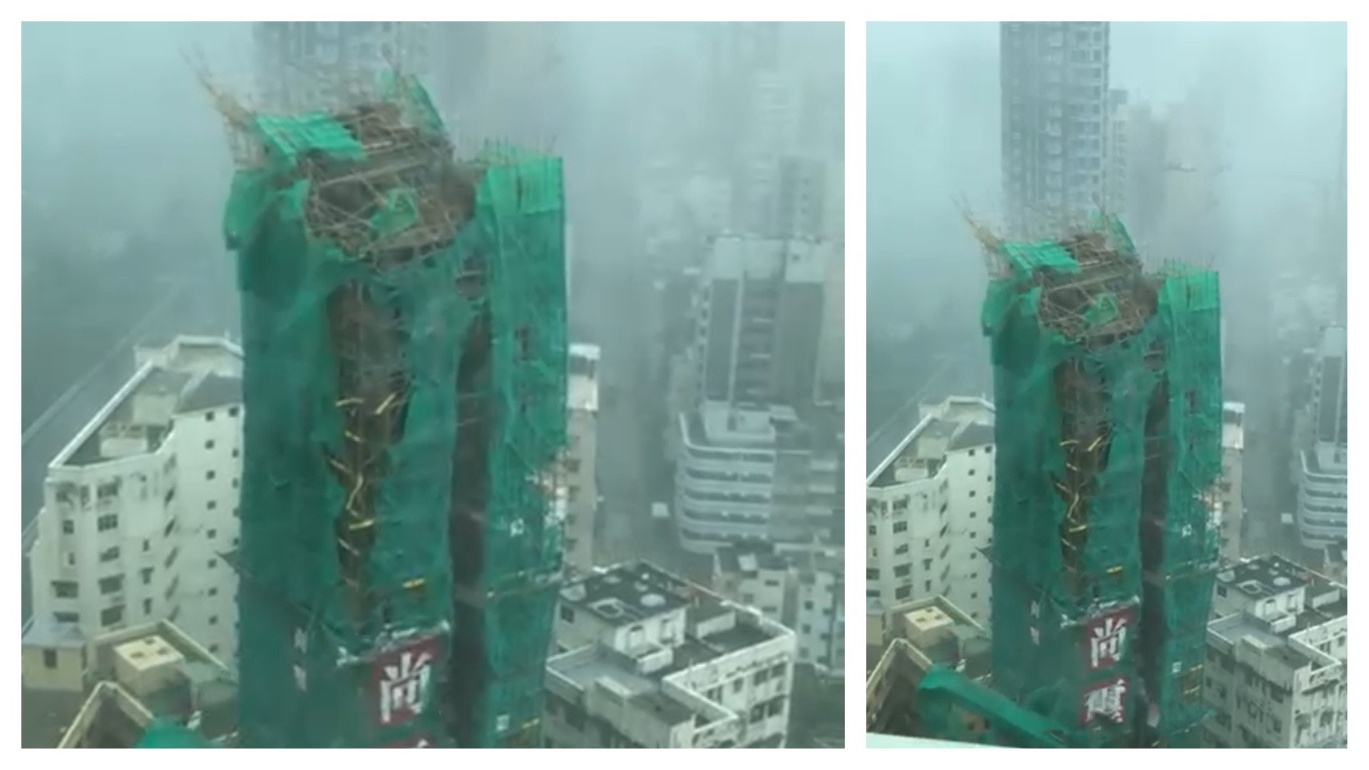 肇事的升降架倒塌後,壓在毗鄰的唐樓天台位置。(網上圖片) 肇事的升降架倒塌後,壓在毗鄰的唐樓天台位置。(網上圖片)