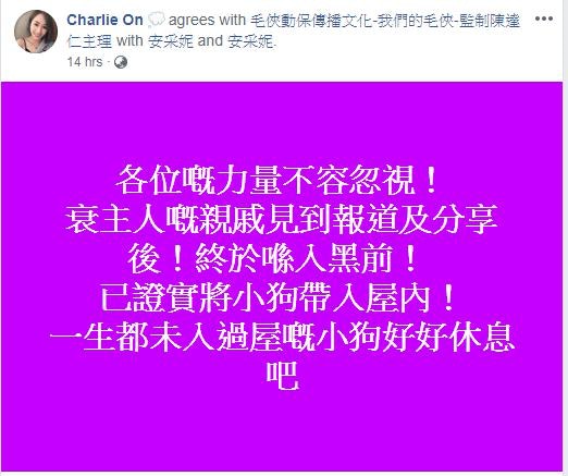 安采妮在facebook上感謝網友幫忙。(Charlie On) 安采妮在facebook上感謝網友幫忙。(Charlie On)