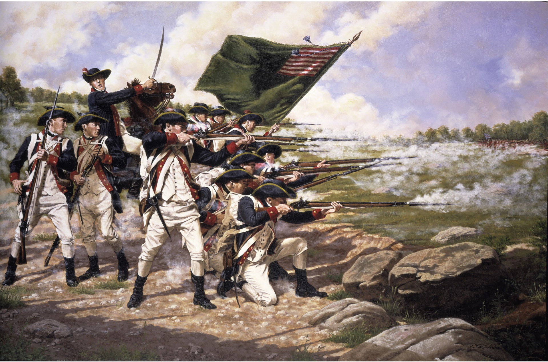 長島會戰是美國獨立戰爭初期最大規模的一場戰事。(The Delaware Regiment at the Battle of Long Island, Domenick D'Andrea, 1776, oil on canvas) 長島會戰是美國獨立戰爭初期最大規模的一場戰事。(The Delaware Regiment at the Battle of Long Island, Domenick D'Andrea, 1776, oil on canvas)