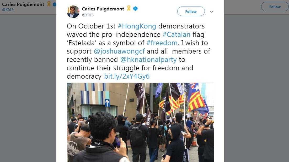 加泰獨立領袖普伊格德蒙特:支持黃之鋒與香港民族黨爭取民主 加泰獨立領袖普伊格德蒙特:支持黃之鋒與香港民族黨爭取民主