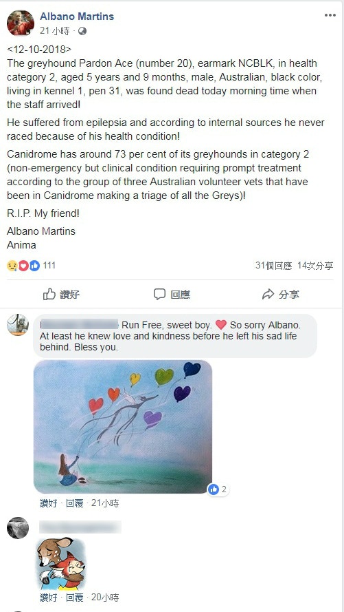 Martins在Facebook裡指出再有格力犬死亡。(網上截圖) Martins在Facebook裡指出再有格力犬死亡。(網上截圖)