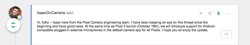 Google 在 Pixel 用戶群組，親口承認了 Pixel Camera 在 Pixel 3 推出之後，會支援外置收音咪。