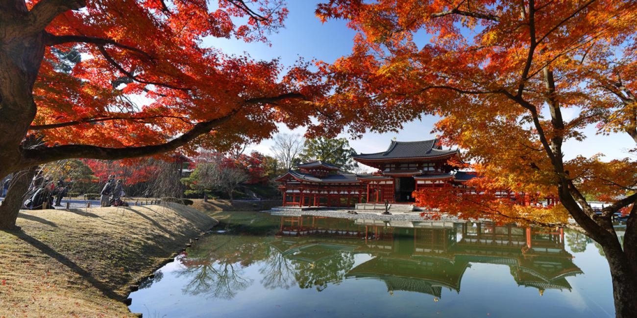 【第20名 - 平等院鳳凰堂】作為世界文化遺產之一，有將近1000年歷史，有濃厚平安時代寺院建築風格，在秋天紅葉襯托下景色更迷人。（網上圖片）