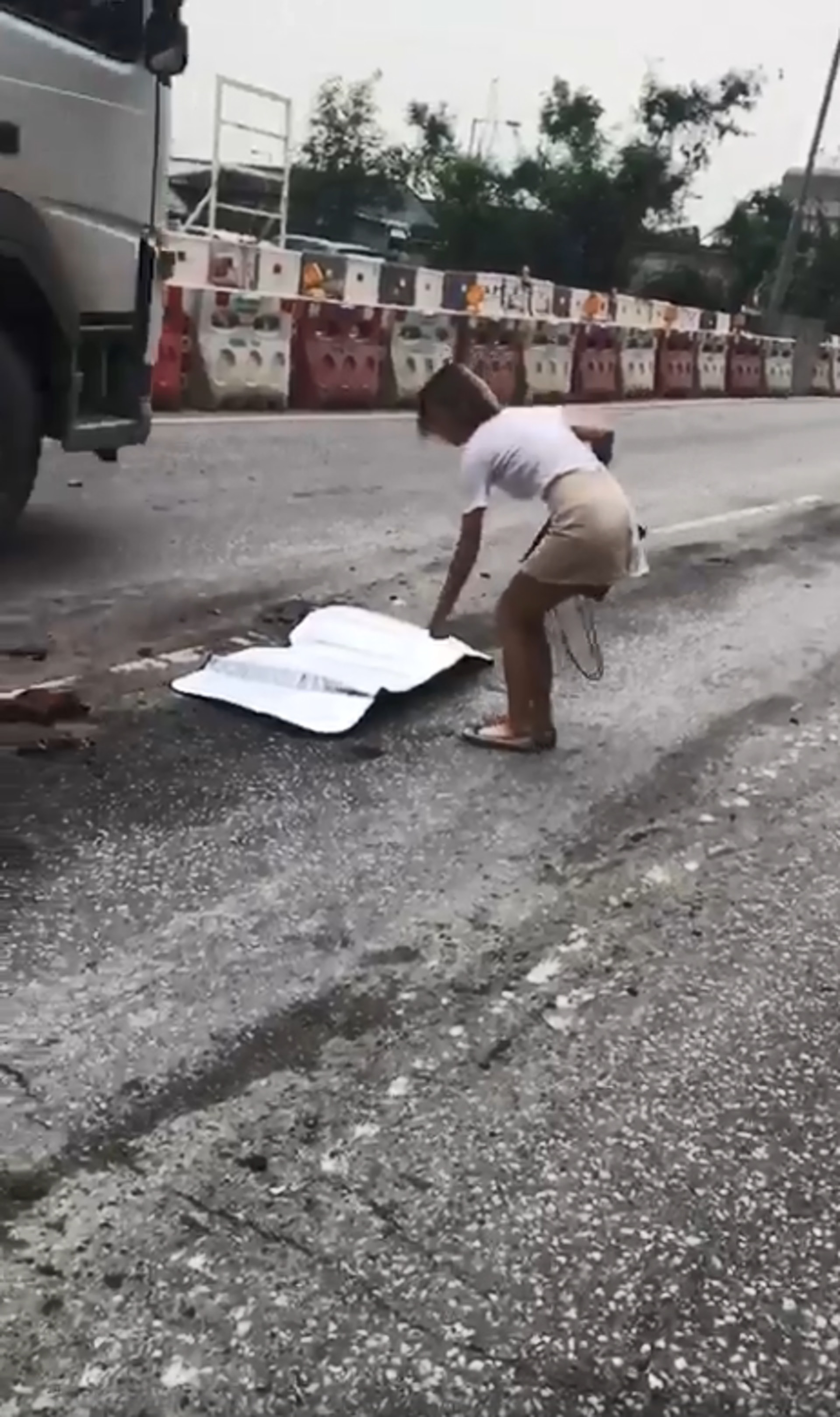 藝人安采妮在馬路見到一隻狗狗被撞死,不忍心牠被車輛狂輾,打算移開狗屍。(「陳達仁」fb影片截圖) 藝人安采妮在馬路見到一隻狗狗被撞死,不忍心牠被車輛狂輾,打算移開狗屍。(「陳達仁」fb影片截圖)