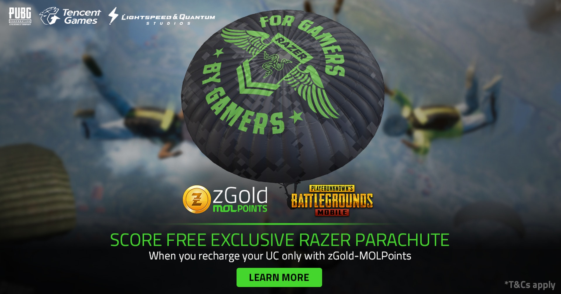 Razer zGold 用家將有機會得到《PUBG Mobile》內獨有的 Razer 主題降落傘。 Razer zGold 用家將有機會得到《PUBG Mobile》內獨有的 Razer 主題降落傘。