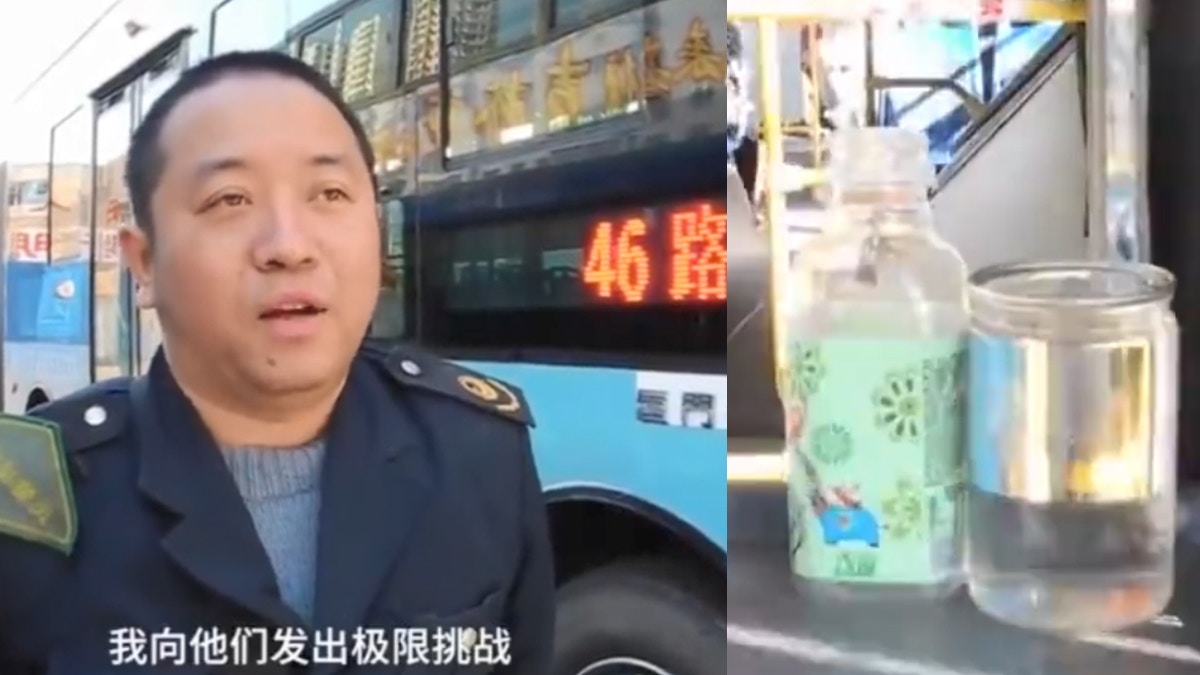 吉林有巴士司機駕車時，在車上放置一個空樽和一杯水，以膠樽不倒、水不濺驗證其駕車技術了得。（網上影片截圖）