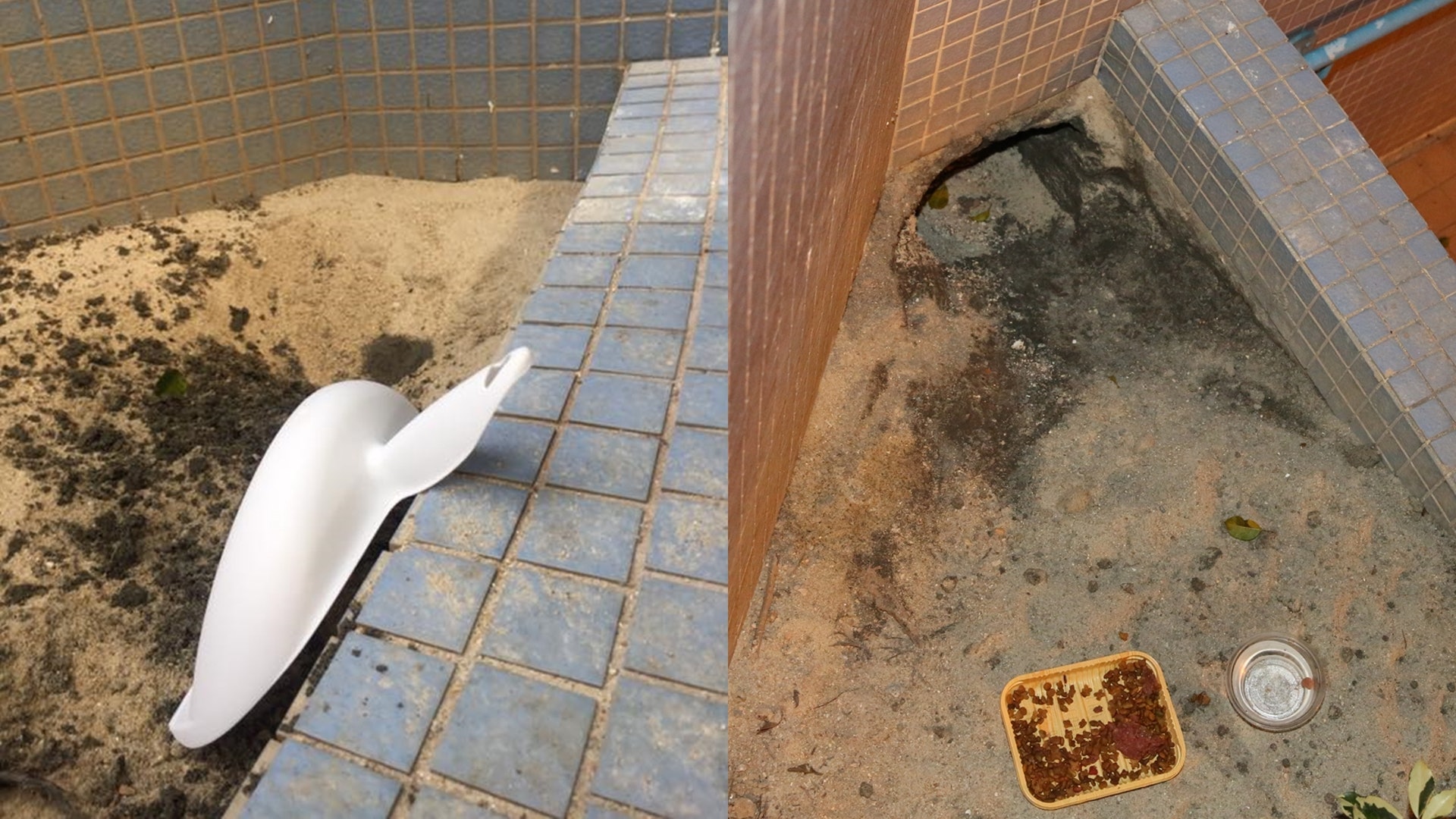 管理公司派工人以沙石封窿(圖左),後來由議員派員挖走沙石(圖右)。(FB圖片/王譯揚攝) 管理公司派工人以沙石封窿(圖左),後來由議員派員挖走沙石(圖右)。(FB圖片/王譯揚攝)