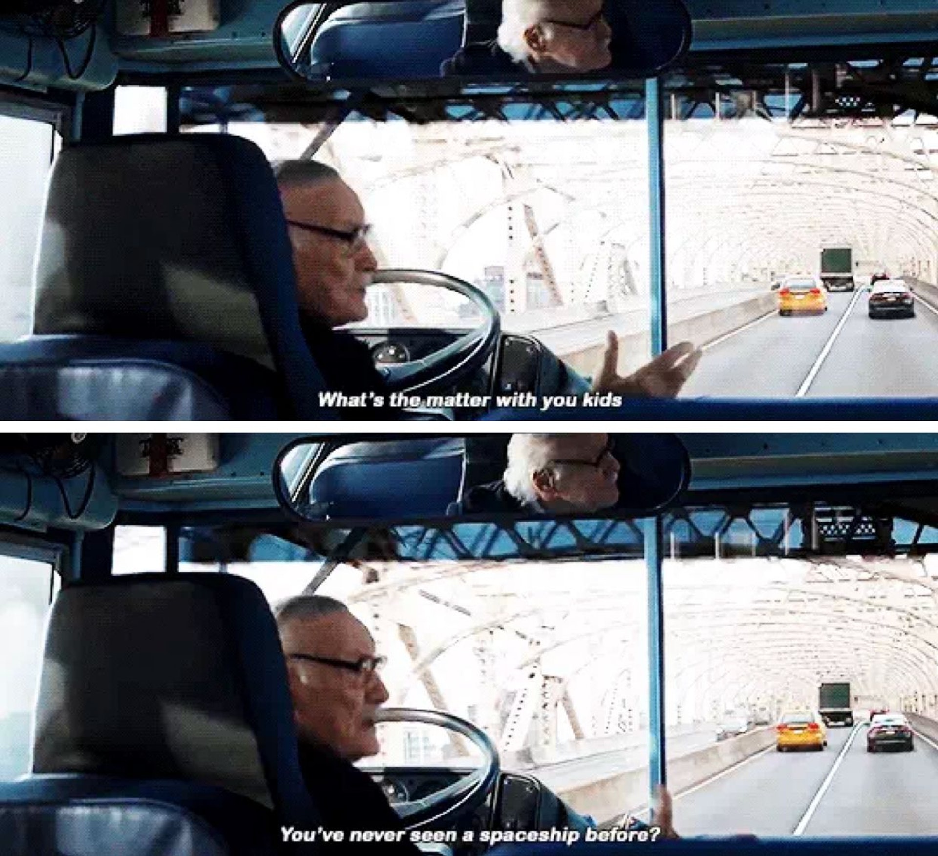 在《復仇者聯盟3：無限之戰》中，Stan Lee客串成為校巴司機。（網上圖片）