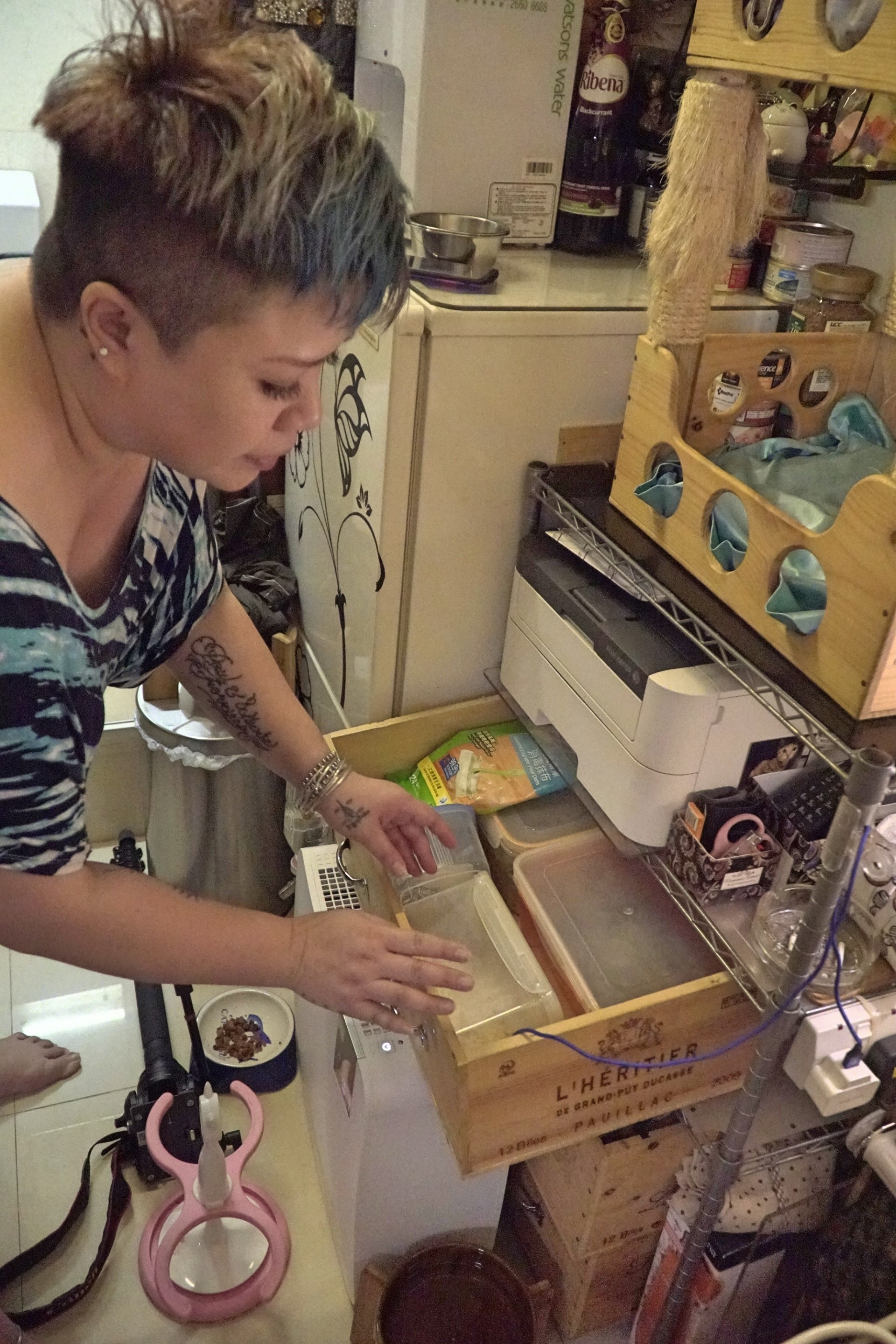 貓糧及貓砂儲存在客廳的箱子內,要拿出來時頗費周章,要移開不少物品。(吳嘉俊攝) 貓糧及貓砂儲存在客廳的箱子內,要拿出來時頗費周章,要移開不少物品。(吳嘉俊攝)