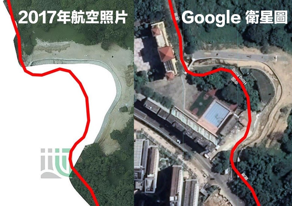 根據地政總署2013年至2017年的航拍圖片，涉事土地被塗上白色。（朱凱迪提供）