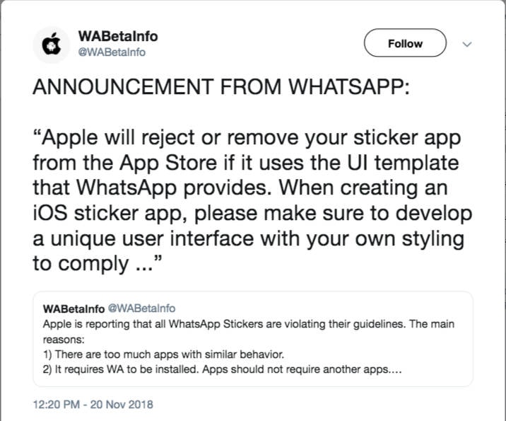 WhatsApp å·²ç¶å®æ¹ç¢ºèªï¼Apple å°æå¾ App Store ä¸­ç§»é¤åç¨® WhatsApp è²¼ååã