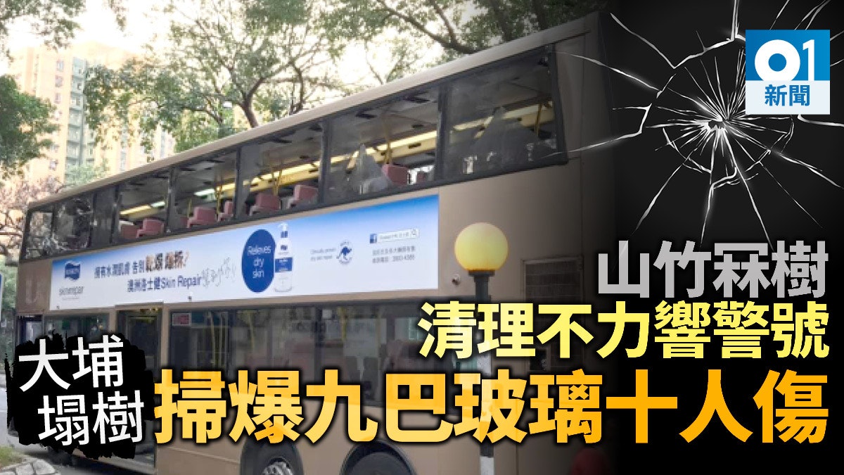 【山竹餘波】大埔塌樹襲九巴 上層玻璃窗整排爆裂 十乘客受傷 【山竹餘波】大埔塌樹襲九巴 上層玻璃窗整排爆裂 十乘客受傷