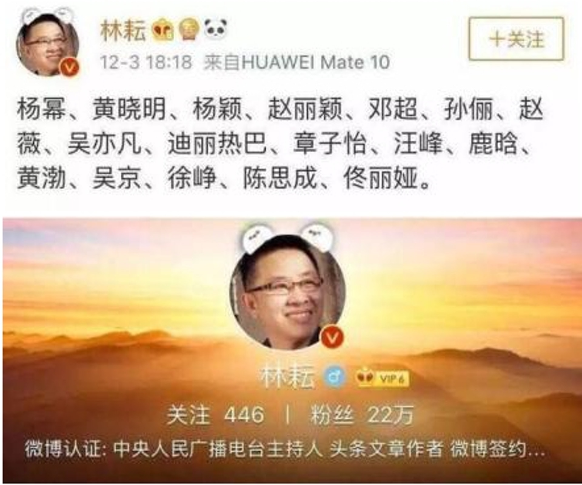 林耘在微博上发布一份名单，被认为就是文件中的「17人」。（微博）