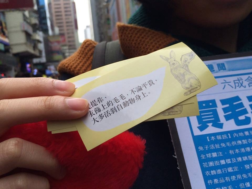 平價皮草關注小隊在街頭向公眾派發貼紙,提醒市民皮草對動物的傷害。(受訪者提供) 平價皮草關注小隊在街頭向公眾派發貼紙,提醒市民皮草對動物的傷害。(受訪者提供)