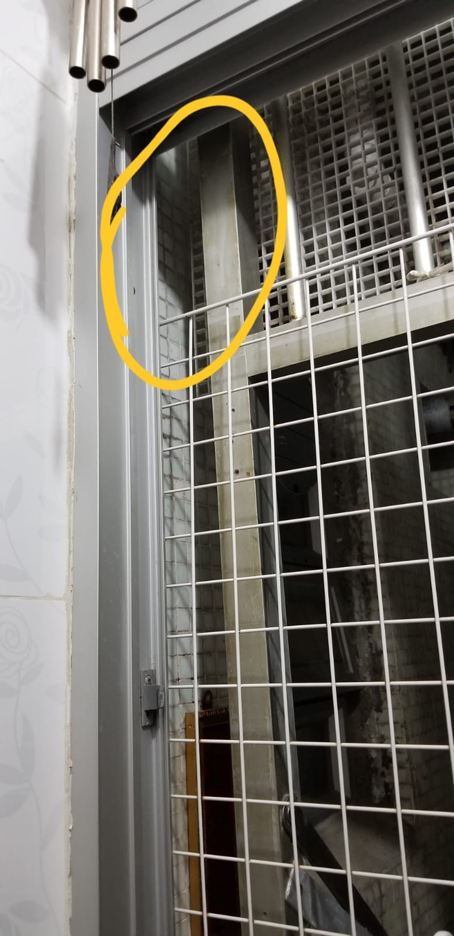 廖順蓮指家中露台一向有網圍住,估計雪兒是從黃圈的位置飛走。(廖順蓮提供) 廖順蓮指家中露台一向有網圍住,估計雪兒是從黃圈的位置飛走。(廖順蓮提供)